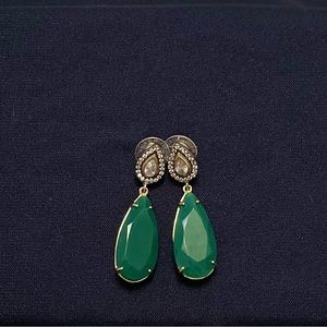 Dangling Green Agate, Clear Rhinestone Teardrop Earrings.